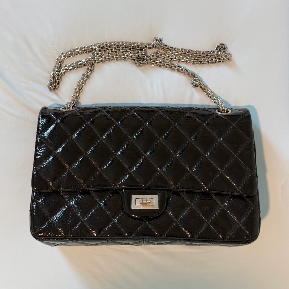 Chanel 2.55 handbag Classic Quilted Black Patent Shoulder Bag with Chain Strap